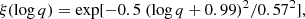 $$ \begin{aligned} \xi (\log {q})=\exp [-0.5~(\log {q}+0.99)^2/0.57^2], \end{aligned} $$