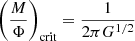 $$ \begin{aligned} \left(\frac{M}{\Phi }\right)_{\rm crit}=\frac{1}{2\pi G^{1/2}} \end{aligned} $$