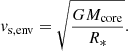 $$ \begin{aligned} v_{\rm s,env}=\sqrt{\frac{GM_{\rm core}}{R_*}}. \end{aligned} $$