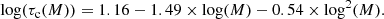 $$ \begin{aligned} \log (\tau _{\rm c}(M)) = 1.16-1.49 \times \log (M)-0.54 \times \log ^2(M). \end{aligned} $$