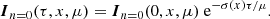 $$ \begin{aligned} \boldsymbol{I}_{n=0} (\tau ,x,\mu ) = \boldsymbol{I}_{n=0} (0,x,\mu ) \ \mathrm{e}^{-\sigma (x) \tau /\mu }. \end{aligned} $$