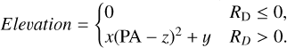 $Elevation = \left\{ {\matrix{ 0 \hfill &amp; {{R_{\rm{D}}} \le 0,} \hfill \cr {x{{\left( {{\rm{PA}} - z} \right)}^2} - y} \hfill &amp; {{R_D} > 0.} \hfill \cr } } \right.$