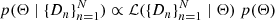 $$ \begin{aligned} p(\Theta \mid \{D_n\}_{n=1}^N) \propto \mathcal{L} (\{D_n\}_{n=1}^N \mid \Theta ) ~ p(\Theta ) \end{aligned} $$