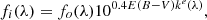 $$ \begin{aligned} f_i(\lambda ) = f_o(\lambda ) 10^{0.4 E(B-V) k^e(\lambda )}, \end{aligned} $$