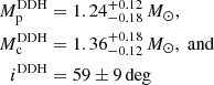 $$ \begin{aligned} M^\mathrm{DDH}_{\rm p}&=1.24^{+0.12}_{-0.18}\,M_\odot ,\nonumber \\ M^\mathrm{DDH}_{\rm c}&=1.36^{+0.18}_{-0.12}\,M_\odot ,\;\mathrm{and}\\ i^\mathrm{DDH}&=59\pm 9\,\mathrm{deg}\nonumber \end{aligned} $$