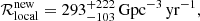 $$ \begin{aligned} \mathcal{R} _{\rm local}^\mathrm{new}=293^{+222}_{-103}\,\mathrm{Gpc}^{-3}\,\mathrm{yr}^{-1}, \end{aligned} $$