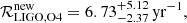 $$ \begin{aligned} {\mathcal{R} }_{\rm LIGO,O4}^\mathrm{new} = 6.73^{+5.12}_{-2.37}\,\mathrm{yr}^{-1}, \end{aligned} $$