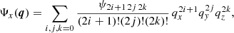 $$ \begin{aligned} \Psi _{x}(\boldsymbol{q})&= \sum _{i,j,k=0} \frac{\psi _{2i+1\,2j\,2k}}{(2i+1)!(2j)!(2k)!} \, q^{2i+1}_{x}q^{2j}_{ y}q^{2k}_{z} , \end{aligned} $$