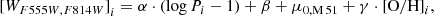 $$ \begin{aligned}{[W_{F555W, F814W}]}_i = \alpha \cdot (\log P_i - 1) + \beta + \mu _{0,\mathrm{M\,51}} + \gamma \cdot [\mathrm{O/H} ]_i ,\end{aligned} $$