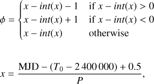 $\matrix{ {\phi = \left\{ {\matrix{ {x - int\left( x \right)} \hfill &amp; {{\rm{if}}\,x - int\left( x \right) &gt; 0} \hfill \cr {x - int\left( x \right)} \hfill &amp; {{\rm{if}}\,x - int\left( x \right) &lt; 0} \hfill \cr {x - int\left( x \right)} \hfill &amp; {{\rm{otherwise}}} \hfill \cr } } \right.} \cr {x = {{{\rm{MJD}} - \left( {{T_0} - 2400000} \right) + 0.5} \over P},} \cr }$