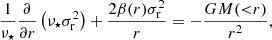 $$ \begin{aligned} \frac{1}{\nu _\star }\frac{\partial }{\partial r} \left(\nu _\star \sigma _{\rm r}^2\right)+\frac{2\beta (r)\sigma _{\rm r}^2}{r} = -\frac{GM({ < }r)}{r^2}, \end{aligned} $$