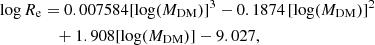 $$ \begin{aligned} \log R_{\rm e}&= 0.007584 [\log (M_{\rm DM})]^3 - 0.1874\,[\log (M_{\rm DM})]^2 \nonumber \\&\quad + 1.908 [\log (M_{\rm DM})] - 9.027, \end{aligned} $$