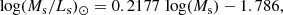 $$ \begin{aligned} \log (M_{\rm s}/L_{\rm s})_{\odot }=0.2177\, \log (M_{\rm s}) -1.786, \end{aligned} $$
