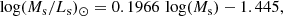 $$ \begin{aligned} \log (M_{\rm s}/L_{\rm s})_{\odot }=0.1966\, \log (M_{\rm s})-1.445, \end{aligned} $$