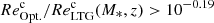 $ {Re}^{\mathrm{c}}_{\mathrm{Opt.}}/{Re}^{\mathrm{c}}_{\mathrm{LTG}}(M_\ast,z) > 10^{-0.19} $