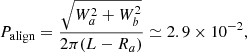 $$ \begin{aligned} P_{\rm align}=\frac{\sqrt{W_a^2+W_b^2}}{2\pi (L-R_a)}\simeq 2.9\times 10^{-2}, \end{aligned} $$