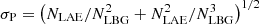 $ \sigma_{\rm P}=\left(N_{\rm LAE}/N_{\rm LBG}^2 + N_{\rm LAE}^2/N_{\rm LBG}^3\right)^{1/2} $