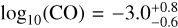 ${\log _{10}}\left( {{\rm{CO}}} \right) = - 3.0_{ - 0.6}^{ + 0.8}$