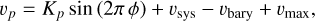 ${\upsilon _p} = {K_p}\,\sin \,\left( {2\pi \,\phi } \right) + {\upsilon _{{\rm{sys}}}} - {\upsilon _{{\rm{bary}}}} + {\upsilon _{{\rm{max}}}},$