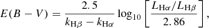 $$ \begin{aligned} E(B-V) = \frac{2.5}{k_{\rm H\beta } - k_{\rm H\alpha }} \log _{10} \left[\frac{L_{\rm H\alpha }/L_{\rm H\beta }}{2.86}\right], \end{aligned} $$