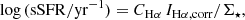 $$ \begin{aligned} \log {\mathrm{(sSFR/yr^{-1})}} = C_{\rm H\alpha }\, I_{\rm H\alpha , corr}/\Sigma _{\star }, \end{aligned} $$