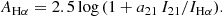 $$ \begin{aligned} A_{\rm H\alpha } = 2.5 \log {(1 + a_{21}\, I_{21}/I_{\rm H\alpha })}. \end{aligned} $$