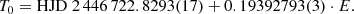 $$ \begin{aligned} T_0 = \mathrm{HJD}\; 2\,446\,722.8293(17) + 0.19392793(3) \cdot E. \end{aligned} $$