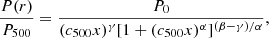 $$ \begin{aligned} \frac{P(r) }{ P_{500} } = \frac{ P_{0} }{(c_{500}x)^{\gamma } [1+(c_{500}x)^{\alpha }]^{(\beta -\gamma )/\alpha } }, \end{aligned} $$