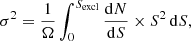 $$ \begin{aligned} \sigma ^{2} = \frac{1}{\Omega } \int _{0}^{S_{\rm excl}} \frac{\mathrm{d}N}{\mathrm{d}S} \times S^{2}\,\mathrm{d}S, \end{aligned} $$