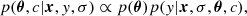 $$ \begin{aligned} p(\boldsymbol{\theta }, c | \boldsymbol{x},y,\sigma ) \propto p(\boldsymbol{\theta }) p(y | \boldsymbol{x}, \sigma , \boldsymbol{\theta }, c), \end{aligned} $$
