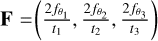 ${\bf{F}} = \left( {{{2{f_{{\theta _1}}}} \over {{t_1}}},\,{{2{f_{{\theta _2}}}} \over {{t_2}}},\,{{2{f_{{\theta _3}}}} \over {{t_3}}}} \right)$