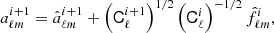 $$ \begin{aligned} a_{\ell m}^{i+1} = \hat{a}_{\ell m}^{i+1} + \left(\mathsf C ^{i+1}_{\ell }\right)^{1/2}\left(\mathsf C ^{i}_{\ell }\right)^{-1/2} \hat{f}_{\ell m}^{i}, \end{aligned} $$