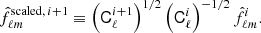 $$ \begin{aligned} \hat{f}_{\ell m}^{\mathrm{scaled},\, i+1} \equiv \left(\mathsf C ^{i+1}_{\ell }\right)^{1/2}\left(\mathsf C ^{i}_{\ell }\right)^{-1/2} \hat{f}_{\ell m}^{i}. \end{aligned} $$