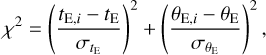 $ {\chi ^2} = {\left( {{{{t_{{\rm{E}},i}} - {t_{\rm{E}}}} \over {{\sigma _{{t_{\rm{E}}}}}}}} \right)^2} + {\left( {{{{\theta _{{\rm{E}},i}} - {\theta _{\rm{E}}}} \over {{\sigma _{{\theta _{\rm{E}}}}}}}} \right)^2}, $