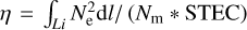 ${{\eta = \int_{Li} {N_{\rm{e}}^2\,{\rm{d}}l} } \mathord{\left/ {\vphantom {{\eta = \int_{Li} {N_{\rm{e}}^2\,{\rm{d}}l} } {\left( {{N_{\rm{m}}}\, * \,{\rm{STEC}}} \right)}}} \right. \kern-\nulldelimiterspace} {\left( {{N_{\rm{m}}}\, * \,{\rm{STEC}}} \right)}}$