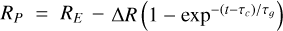 ${R_P} = {R_E} - {\rm{\Delta }}R\left( {1 - {\rm{ex}}{{\rm{p}}^{ - {{\left( {t - {\tau _c}} \right)} \mathord{\left/ {\vphantom {{\left( {t - {\tau _c}} \right)} {{\tau _g}}}} \right. \kern-\nulldelimiterspace} {{\tau _g}}}}}} \right)$