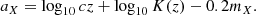 $$ \begin{aligned} a_X = \log _{10} cz + \log _{10} K(z) - 0.2 m_X. \end{aligned} $$
