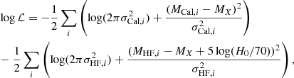 $$ \begin{aligned}&\log \mathcal{L} = -\frac{1}{2} \sum _i \left( \log (2 \pi \sigma _{\mathrm{Cal},i}^2) + \frac{(M_{\mathrm{Cal},i} - M_X)^2}{\sigma _{\mathrm{Cal},i}^2} \right) \nonumber \\&-\frac{1}{2} \sum _i \left( \log (2 \pi \sigma _{\mathrm{HF},i}^2) + \frac{(M_{\mathrm{HF},i} - M_X + 5 \log (H_0/70))^2}{\sigma _{\mathrm{HF},i}^2} \right), \end{aligned} $$