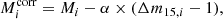 $$ \begin{aligned} M_{i}^\mathrm{corr} = M_{i} - \alpha \times (\Delta m_{15,i} -1), \end{aligned} $$