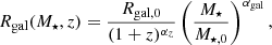 $$ \begin{aligned} R_\mathrm{gal} (M_\star ,z) = \frac{R_\mathrm{gal,0} }{(1+z)^{\alpha _z}} \left(\frac{M_\star }{M_{\star ,0}}\right)^{\alpha _\mathrm{gal} }, \end{aligned} $$