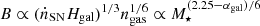 $ B\propto(\dot{n}_{\mathrm{SN}} H_{\mathrm{gal}})^{1/3}n_{\mathrm{gas}}^{1/6} \propto M_\star^{(2.25-\alpha_{\mathrm{gal}})/6} $