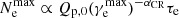 $ N_{\rm e}^\mathrm{max} \propto Q_{\rm p,0} (\gamma_{\rm e}^\mathrm{max})^{-\alpha_\mathrm{CR}}\tau_{\rm e} $