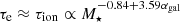 $ \tau_{\rm e} \approx \tau_\mathrm{ion} \propto M_\star^{-0.84+3.59\alpha_\mathrm{gal}} $