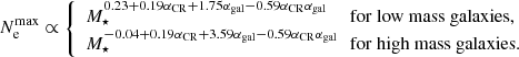 $$ \begin{aligned} N_{\rm e}^\mathrm{max} \propto {\left\{ \begin{array}{ll} M_\star ^{0.23 + 0.19\alpha _\mathrm{CR} +1.75\alpha _\mathrm{gal} -0.59\alpha _\mathrm{CR} \alpha _\mathrm{gal} }&\!\! \mathrm{for~low~mass~galaxies,} \\ M_\star ^{-0.04 + 0.19\alpha _\mathrm{CR} +3.59\alpha _\mathrm{gal} -0.59\alpha _\mathrm{CR} \alpha _\mathrm{gal} }&\!\! \mathrm{for~high~mass~galaxies.} \end{array}\right.} \end{aligned} $$