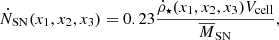 $$ \begin{aligned} \dot{N}_\mathrm{SN} (x_1,x_2,x_3) = 0.23 \frac{ \dot{\rho }_\star (x_1,x_2,x_3) V_\mathrm{cell} }{\overline{M}_\mathrm{SN} }, \end{aligned} $$