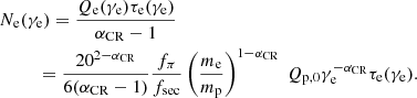 $$ \begin{aligned}&N_\mathrm{e} (\gamma _{\rm e}) = \frac{Q_{\rm e}(\gamma _{\rm e})\tau _{\rm e} (\gamma _{\rm e})}{\alpha _\mathrm{CR} -1} \nonumber \\&\quad \ \ \quad = \frac{20^{2-\alpha _\mathrm{CR} }}{6 (\alpha _\mathrm{CR} -1)} \frac{f_\pi }{f_\mathrm{sec} } \left(\frac{m_\mathrm{e} }{m_\mathrm{p} }\right)^{1-\alpha _\mathrm{CR} } ~Q_\mathrm{p,0} \gamma _{\rm e}^{-\alpha _\mathrm{CR} } \tau _{\rm e}(\gamma _{\rm e}). \end{aligned} $$