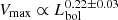 $ {V_{\mathrm{max}}} \propto {L_{\mathrm{bol}}^{0.22\pm0.03}} $