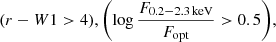 $$ \begin{aligned} {(r - W1 > 4) , \left(\log \frac{F_{0.2{-}2.3\,\mathrm{keV}}}{F_{\rm opt}} > 0.5 \right)}, \end{aligned} $$