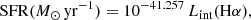 $$ \begin{aligned} \mathrm{SFR}(M_\odot \,\mathrm{yr}^{-1}) = 10^{-41.257}\,L_{\rm int}(\mathrm{H}\alpha ), \end{aligned} $$