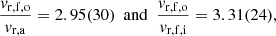 $$ \begin{aligned} \frac{v_\mathrm{r,f,o} }{v_\mathrm{r,a} } = 2.95(30) ~~ \mathrm{and} ~~ \frac{v_\mathrm{r,f,o} }{v_\mathrm{r,f,i} } = 3.31(24), \end{aligned} $$